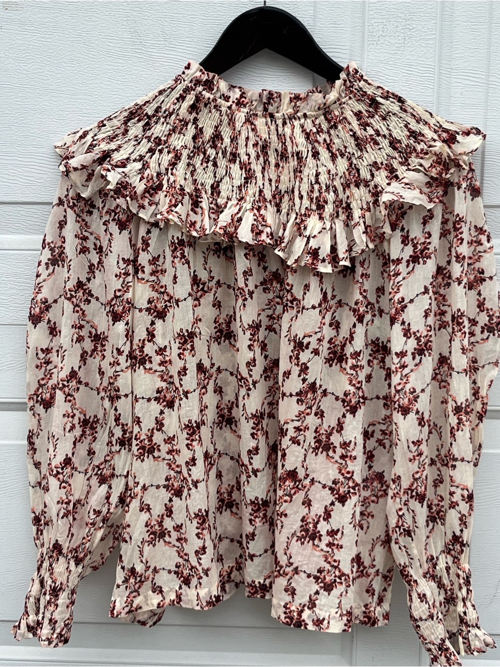 Women's Masscob Floral Smocked Ruffle Neck Blouse small